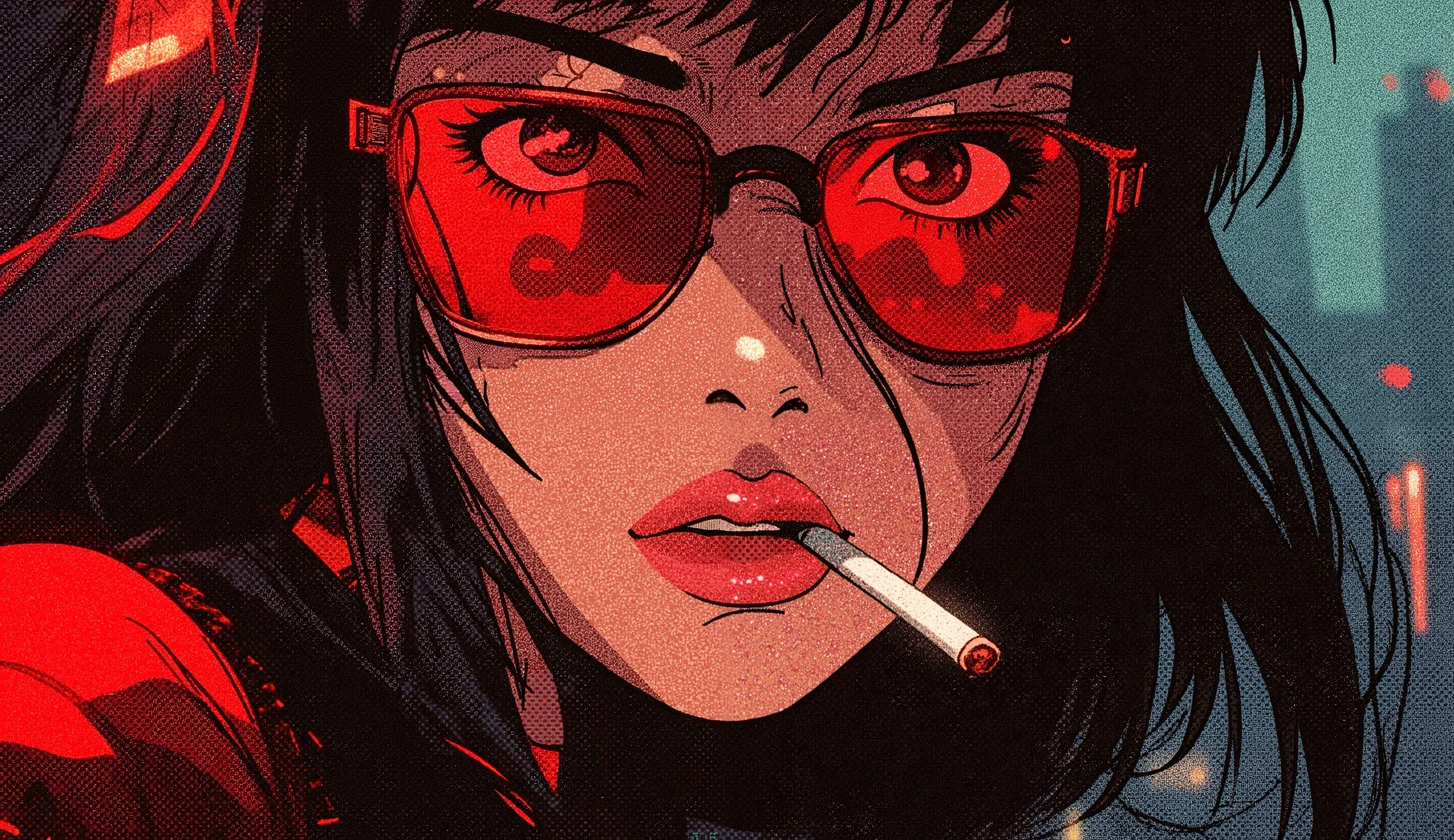 A cyberpunk femme fatale with a cigarette in her lips and mirrored glasses, with red lights reflecting on her face. Her expression is cold and lethal, with a blurred background of a decaying city. Retro anime aesthetic with visual noise.