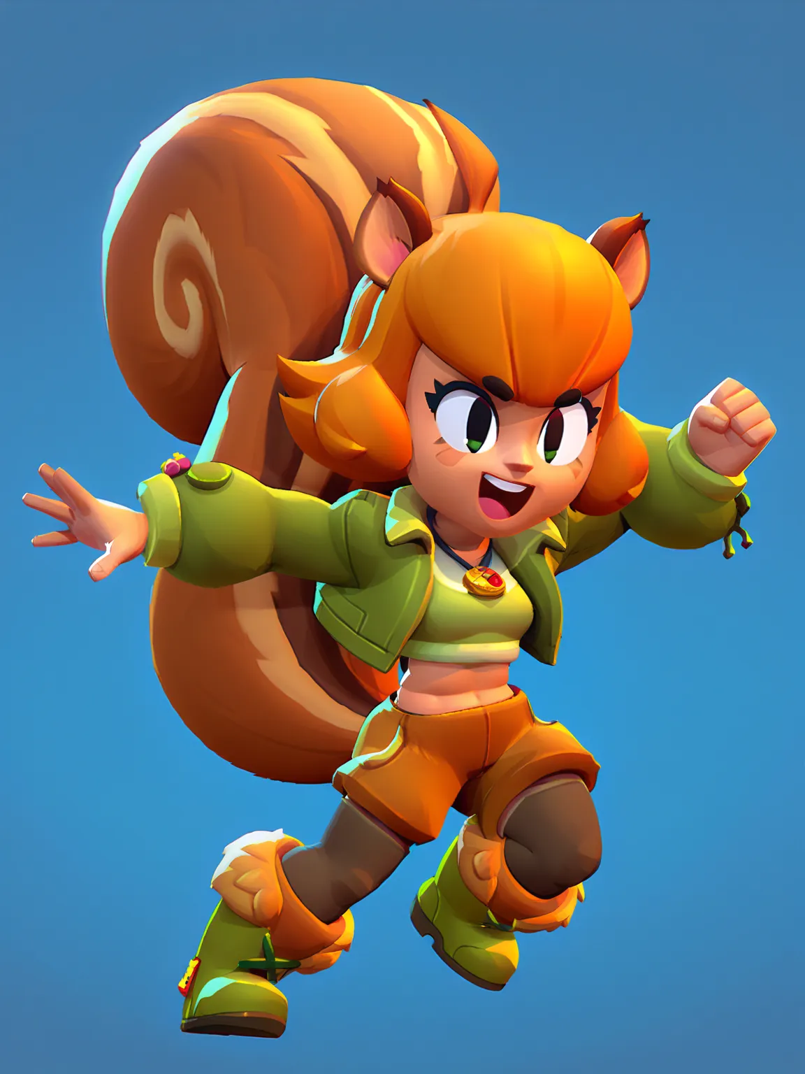 squirrel girl, squirrel tail, squirrel ears, yellow hair, green jacket, animal ears, black stockings, green boots, fur boots, green top, crop top, plump, happy air, heroic pose, brawl 