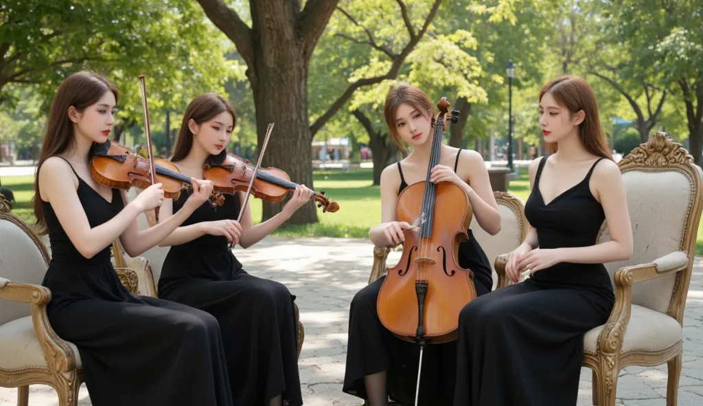 Make people brighter and bigger、bust shot、In a bright forest square、Wear a matching long black dress、Sit on a luxurious chair and play a string quartet inside、Four Beautiful Women、There is only 1 cello、and 2 violins and 1 viola、No piano、 the four people ha...