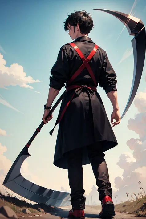  boy with black eyes, black hair and a scythe and walking toward us. The back ground is a dongeon