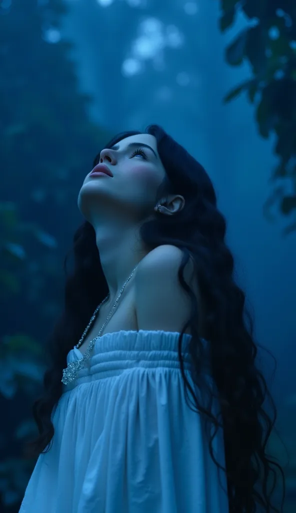 A full body frontal shot of a beautiful woman with dark wavy hairstyle, ((very pale skin)), looking up at the sky, dressed in pure white, cinematic shot, cinematic composition, portrait, close up, thick mist, ((((deep dark sapphire blue color)))), at night...