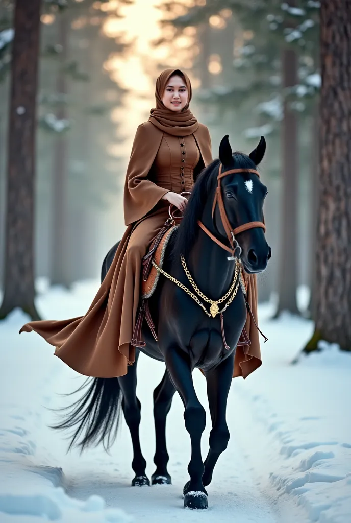 "A graceful woman wearing a brown robe and hijab, riding a black horse decorated with a saddle and accessories golden. He crossed a snowy forest with tall pine trees all around him,  creates a magical and serene atmosphere .  It snowed slowly , and the hor...