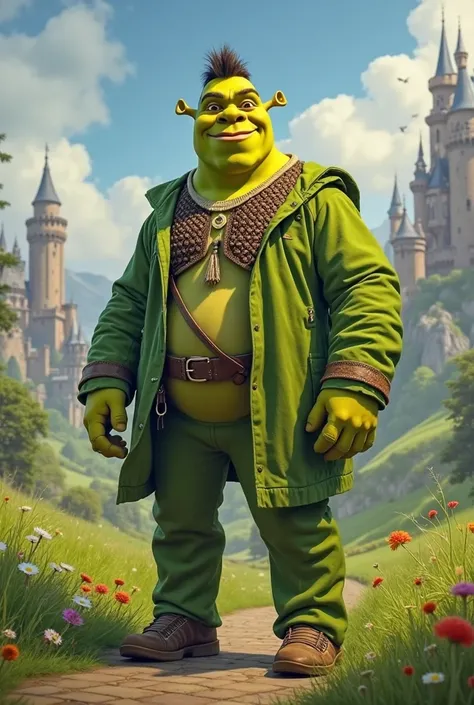 Create the famous singer Maluma but with the clothes of the character Shrek 