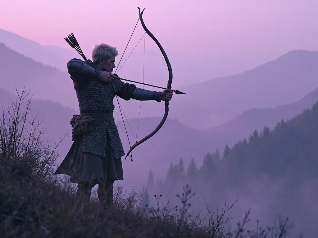 A 20-year-old Russian fair-haired warrior in chain mail from 1240, standing on a hill, pulls on and aiming a bow and arrow with his back.  His face is focused , his eyes are squinted against the background of the hills, covered in purple mist, and a low-gr...