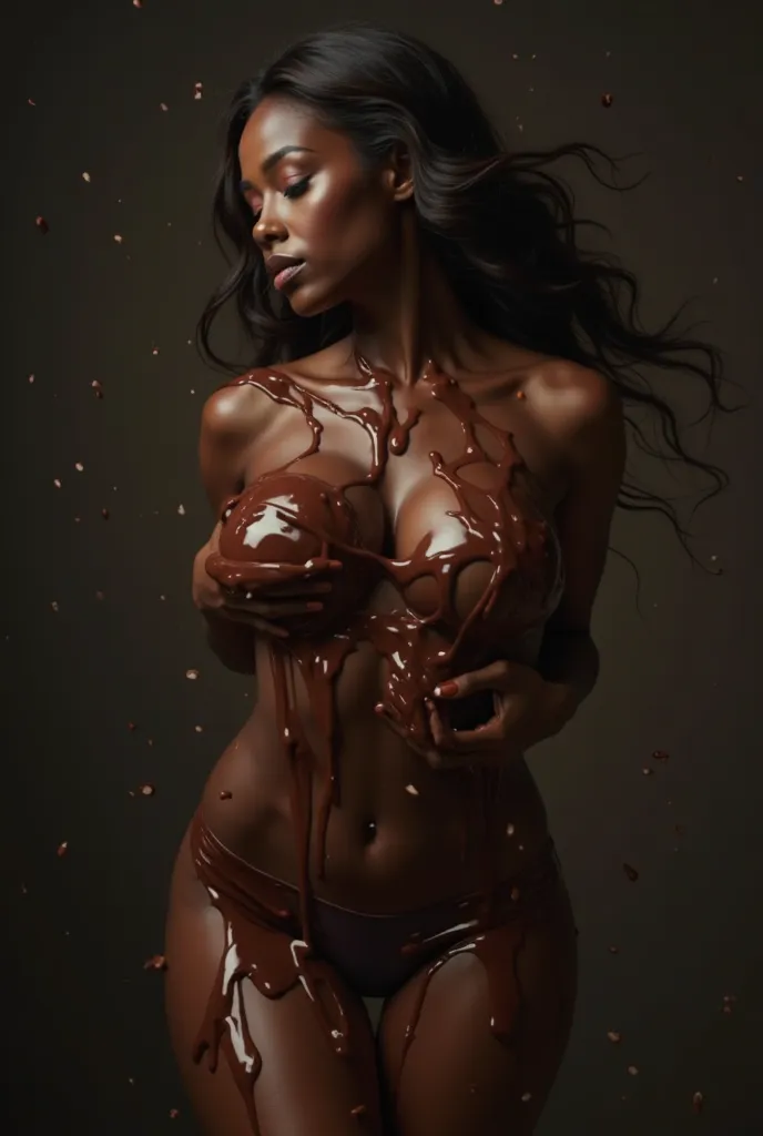 Naked black woman covered in melted chocolate covering her private parts