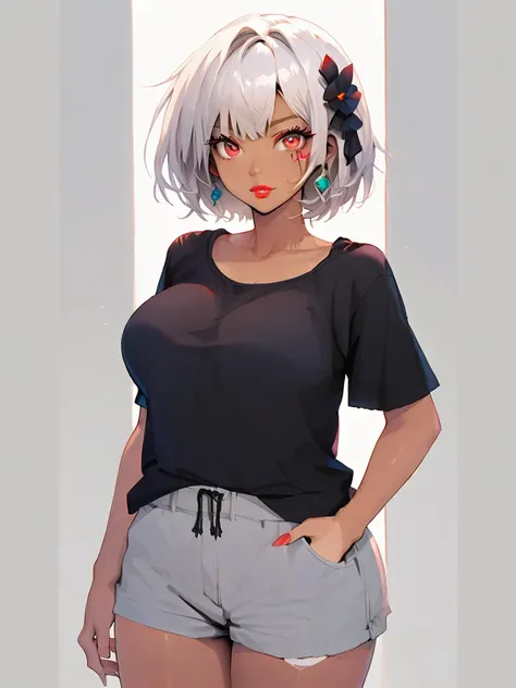 anime, (best quality),(masterpiece),looking at the viewer, Woman ,facial tattoos, Dark Skin,  pele negra, tanned skin,((white hair)),(( red eyes)), wearing black ((( armor))) with gold details, short hair
Big breasts, short hair, Fringe between the eyes, w...