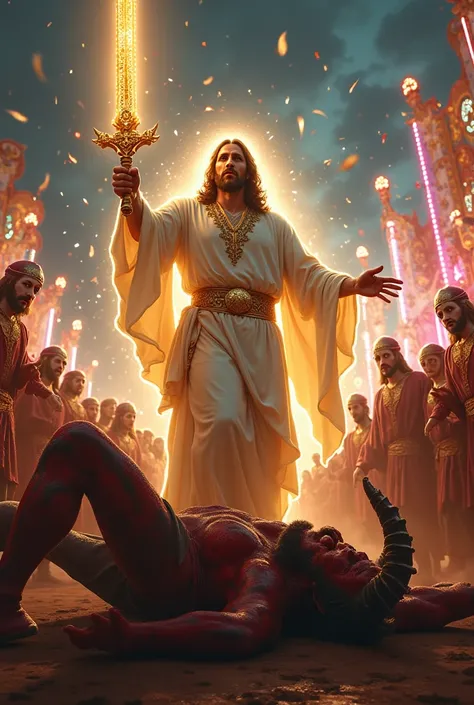 Jesus Christ, majestic and powerful, stands victorious in the midst of a vibrant carnival, wielding a glowing, celestial sword with intricate golden engravings. His flowing white robe, illuminated by divine light, contrasts with the dark and menacing form ...