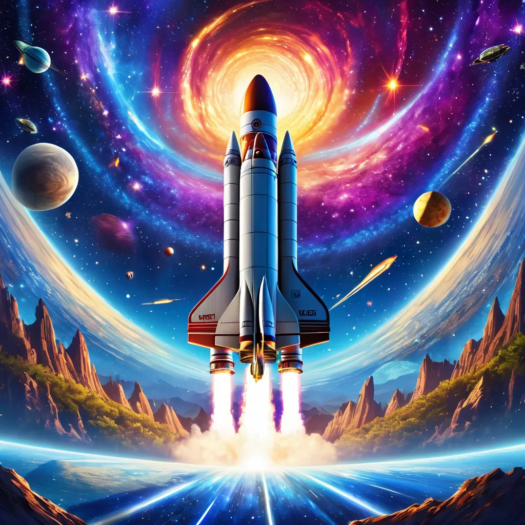 realistic galaxy background. a rocket ship flying up with a bunch of shooting stars flying in the background. The word “ LEVEL UP” in front of the rocket ship in the middle of it in big fancy letters