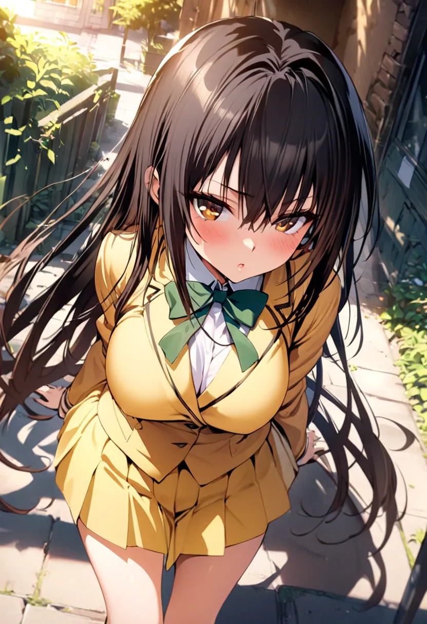 (masterpiece),(best quality),(ultra-detailed),(best illustration),(best shadow),(absurdres),(detailed background),(very aesthetic), ,1girl, kotegawa yui, black hair, long hair, long bangs, brown eyes, large breasts,yellow school uniform, yellow skirt, plea...