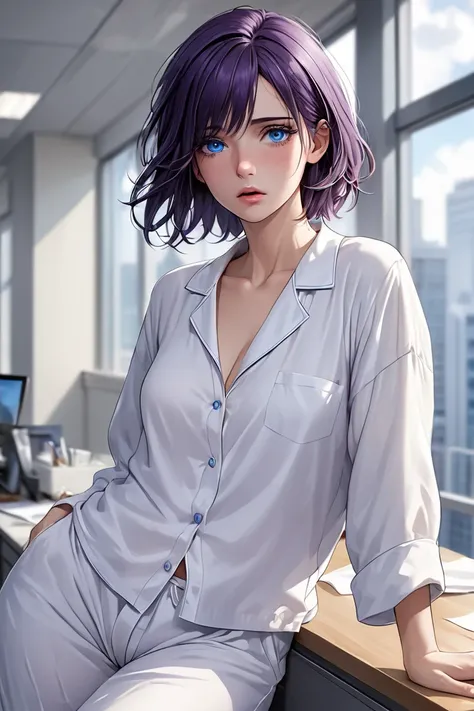 (masterpiece, best quality, 8k, high definition), whole body, woman, short dark purple hair, mid-chest, soft blue eyes, soft lips, caucasian, beautiful face, wearing a comfy white shirt and white pajama pants, natural light, detailed background, Detailed I...