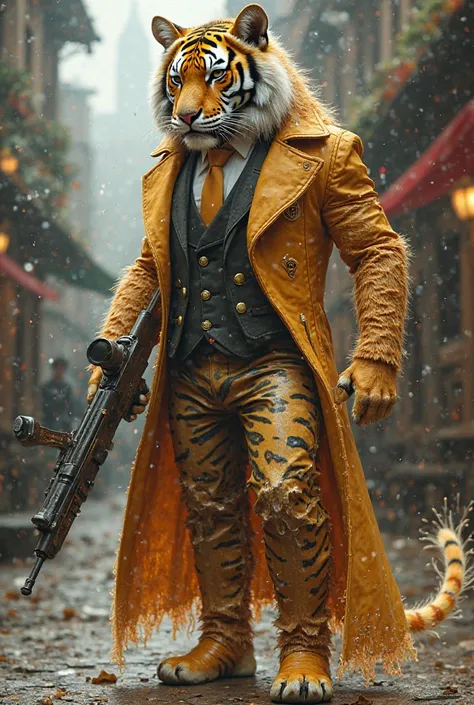  A tiger that is half gold and half crystal in the shape of a human being with an RPG wearing sophisticated clothes 