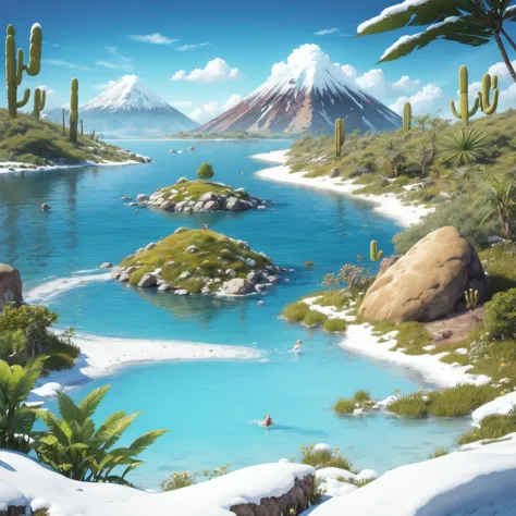 The image style is "anime", from left to right, with the first scene being a snowy mountain,; The second scene is the ocean; The third scene is a beach island; The fourth scene is grassland; The fifth scene is the forest; The sixth scene is the desert; The...