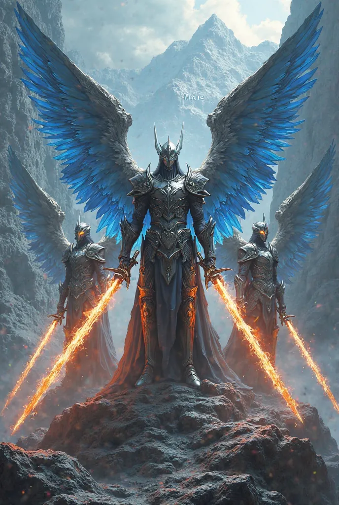 Des anges en armure lourde. Les ailes bleuté. Les épées en feu. Sculpté sur toute la montage "KALOS".