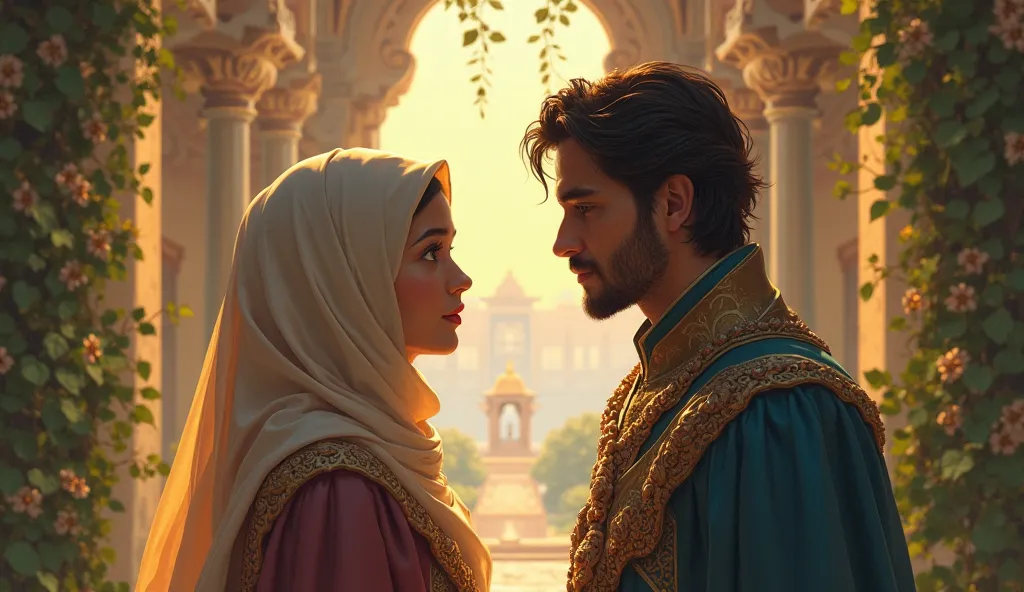 The girl with hijab , initially hesitant, looks into the prince’s kind eyes. Slowly, she nods, her heart trusting his sincerity.