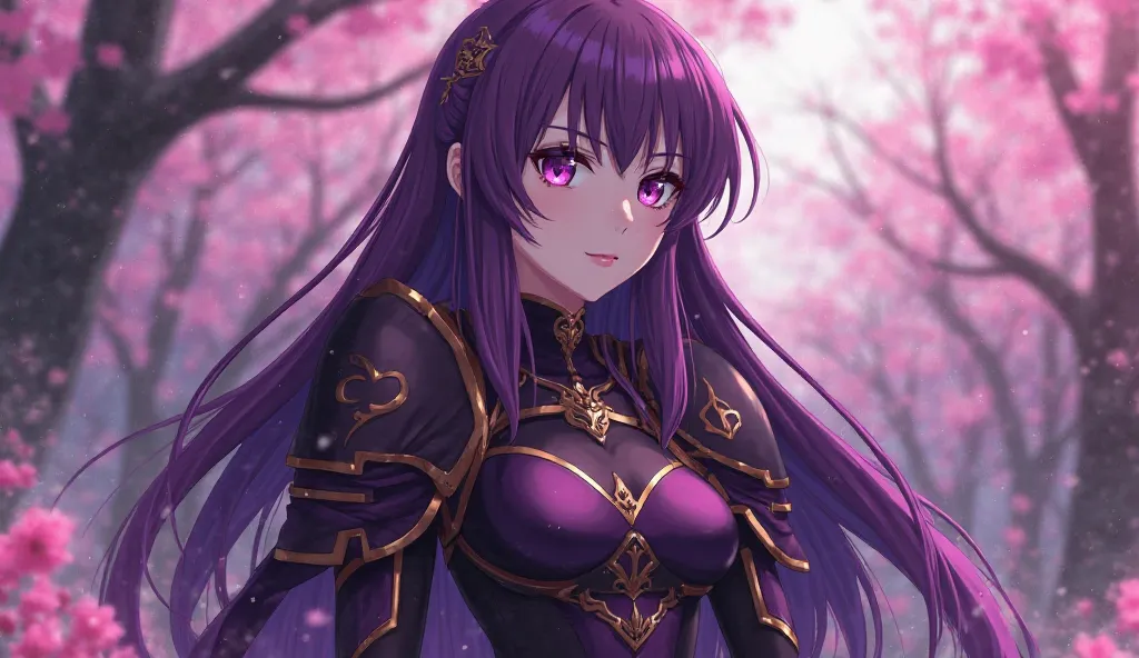 SCATHACH in the foreground of a woman with long purple hair and a purple dress, wearing dark purple armor, anime style like Fate/stay night, anime isekai popular, Fate Grand Order, portrait of a girl from the knights of the zodiac, Fu