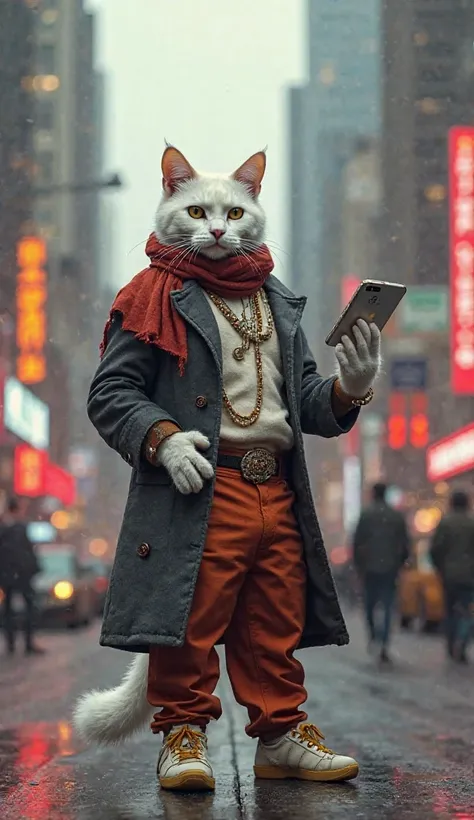 Yeh raha aapka doosra prompt:

"A highly detailed image of a white cat wearing a stylish coat and pants, standing confidently in the middle of a bustling city. The cat is holding a phone in one paw, while the other paw is adorned with a red ring (surkesh)....