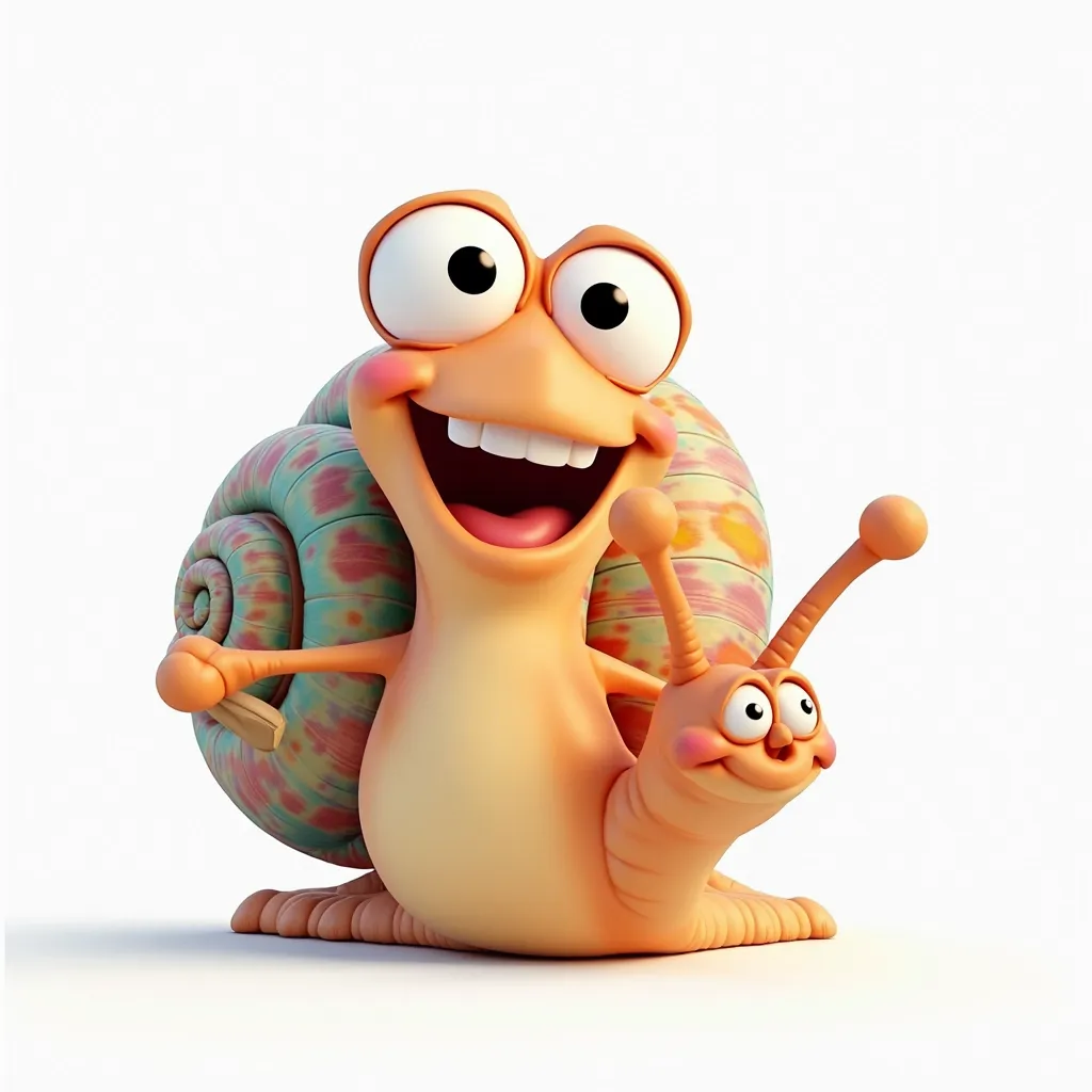 A cartoon snail in an animated 3D render, designed as the official mascot of an event. It has a friendly and charismatic design, with a vibrant shell in cheerful tones and eye-catching details. Its body is soft and expressive, with big, friendly eyes that ...