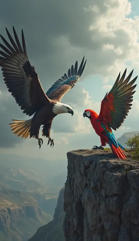 Picture a tense confrontation high in the sky between a dangerous eagle and a fierce, vibrant parrot. The eagle, with its sharp talons extended and its dark, sleek feathers glistening in the sunlight, circles powerfully, eyes locked on its opponent. Across...