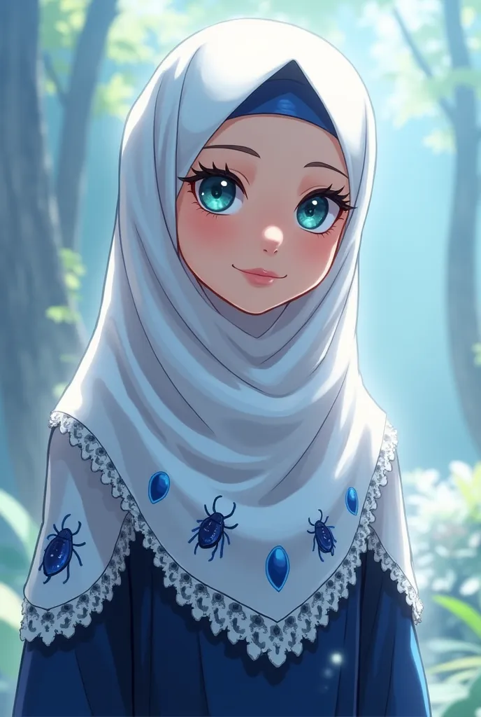 The hijab is white and some of the decorations are blue. The dress is dark blue and white. The eyes instead of green in the right eye are light blue. The bug wants it like a drop of water in a dark blue color. The green color in the left eye is dark blue a...