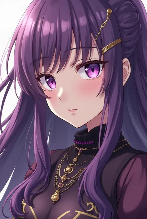 a close up of a woman with long purple hair and a purple dress, an anime drawing inspired by Li Chevalier, trending on cg society, rasquache, wearing dark purple armor, anime style like fate/stay night, popular isekai anime, fate grand order, portrait knig...