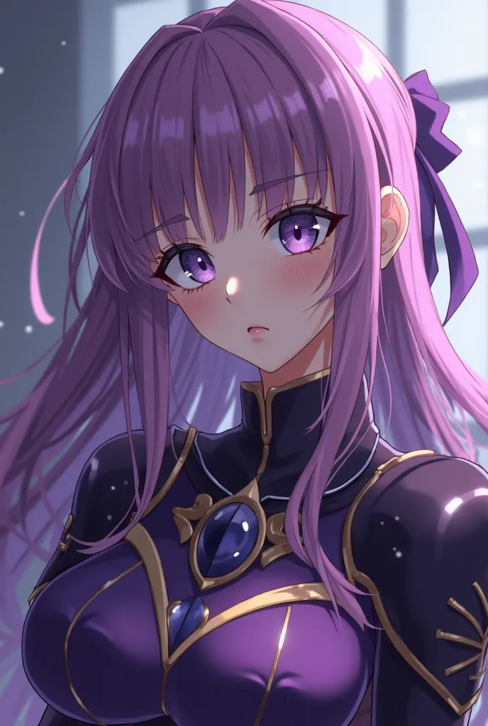 a close up of a woman with long purple hair and a purple dress, wearing dark purple armor, anime style like fate/stay night, popular isekai anime, fate grand order, portrait knights of zodiac girl, fus rei, code geass, shadowverse style, shalltear from ove...