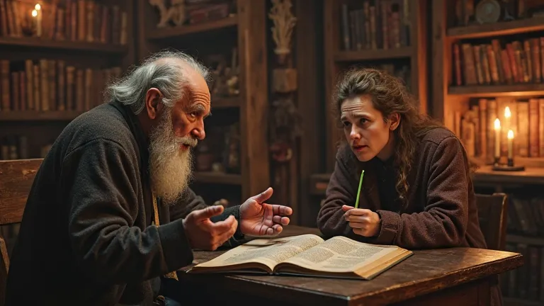 A very realistic cinematic scene of a person sitting in a dimly lit room, listening attentively to a storyteller. The storyteller, an old figure with deep wrinkles, gestures excitedly as he tells an ancient tale. The room has wooden walls, flickering candl...