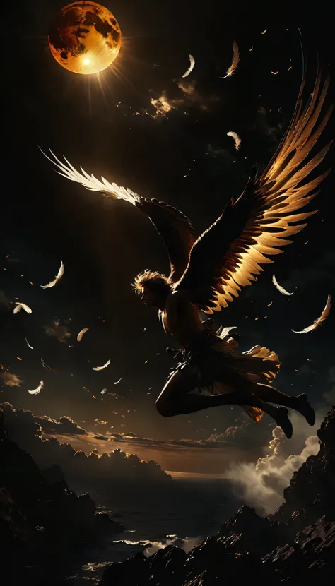(8k, top quality, Masterpiece , Final Fantasy Style: 1.2),Atmospheric perspective, 8K, Very detailed, Accurate, Highest quality, oil painting masterpiece, Very detailed,Sharp focus, High resolution,The myth of Icarus' wings, Icarus flying towards the sun, ...