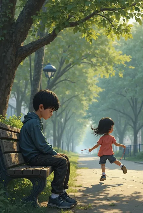 A boy is sitting on a bench with a sad face. At your side, a girl is jumping rope.