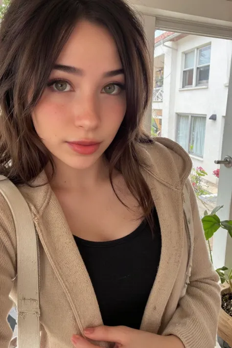 Ultra-realistic extremely high definition 8K RAW analog epic portrait photograph, young short haired sexy e-girl, green eyes, taking amateur e-girl style photo and looking on camera, taken in 2 0 2 4, Retrato Sophie Mudd, pose casual, 1, foto perfil, Kaile...