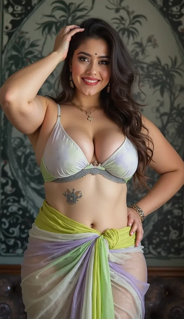 26 years old women russian mature cute perfect face smiling big hanging boobs pink colour thick thighs 70kg weight curvy chubby hands curvy waist Wearing a necklace and earrings and belly piercing and white and green and grey sexy simple plain  bra and lim...