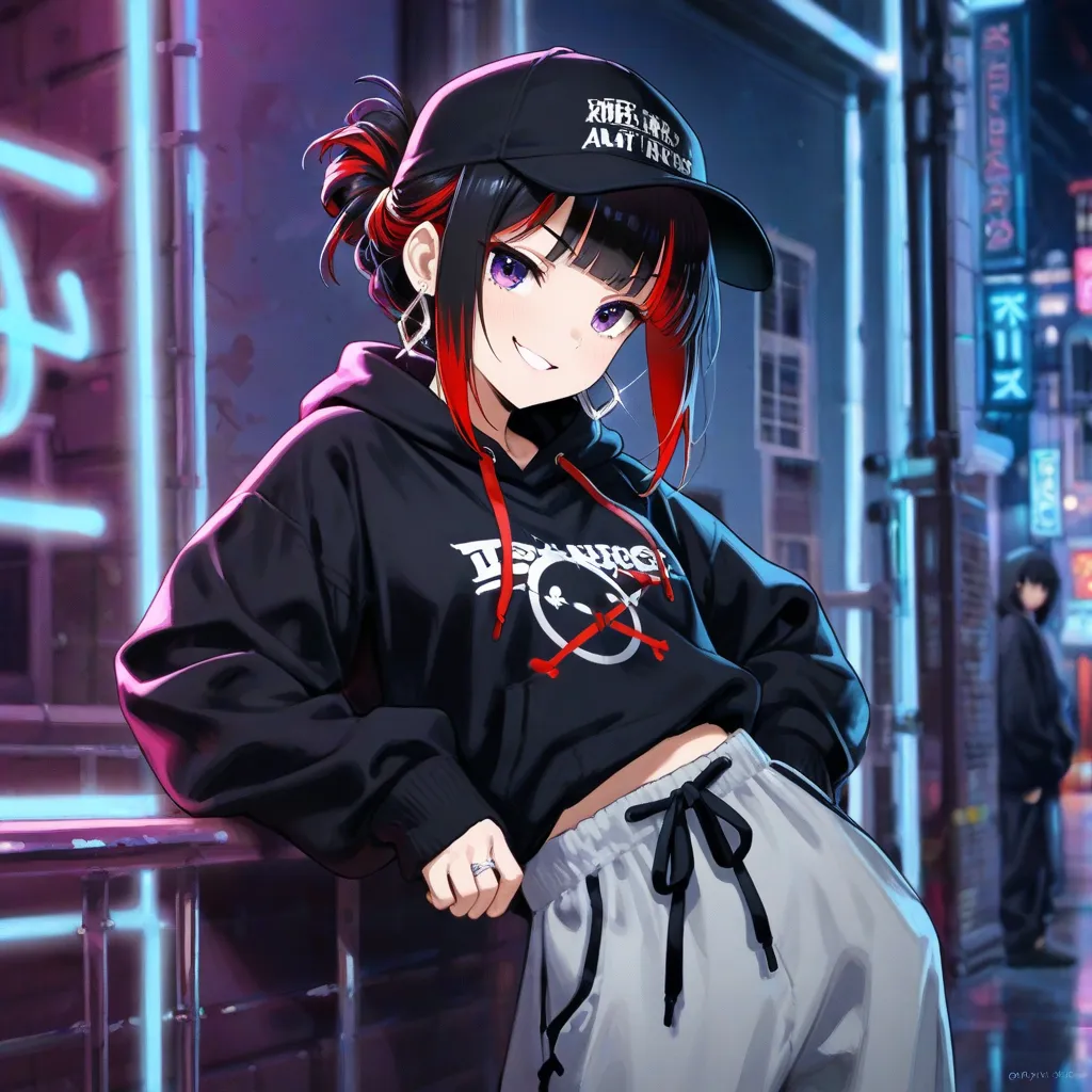 A stylish woman with a short black  bob hairstyle, the tips of her hair dyed red, stands slightly turned to the side. Her subtle smirk exudes confidence, and her gaze is deliberately averted, adding a sense of mystery. She wears a black hoodie with a relax...