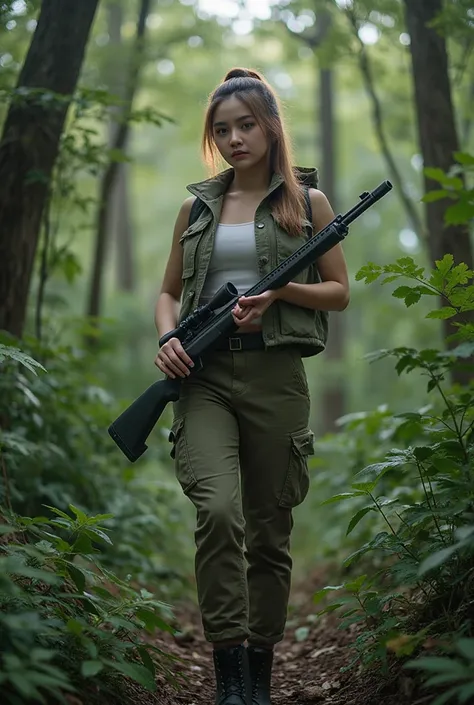 manga image from one punch man written, detailed portrait of a beautiful thai woman wearing a hiking outfit, holding a rifle, standing in a dense forest, cinematic lighting, sharp focus, photorealistic, 8K, ultra-detailed, professional, physically-based re...