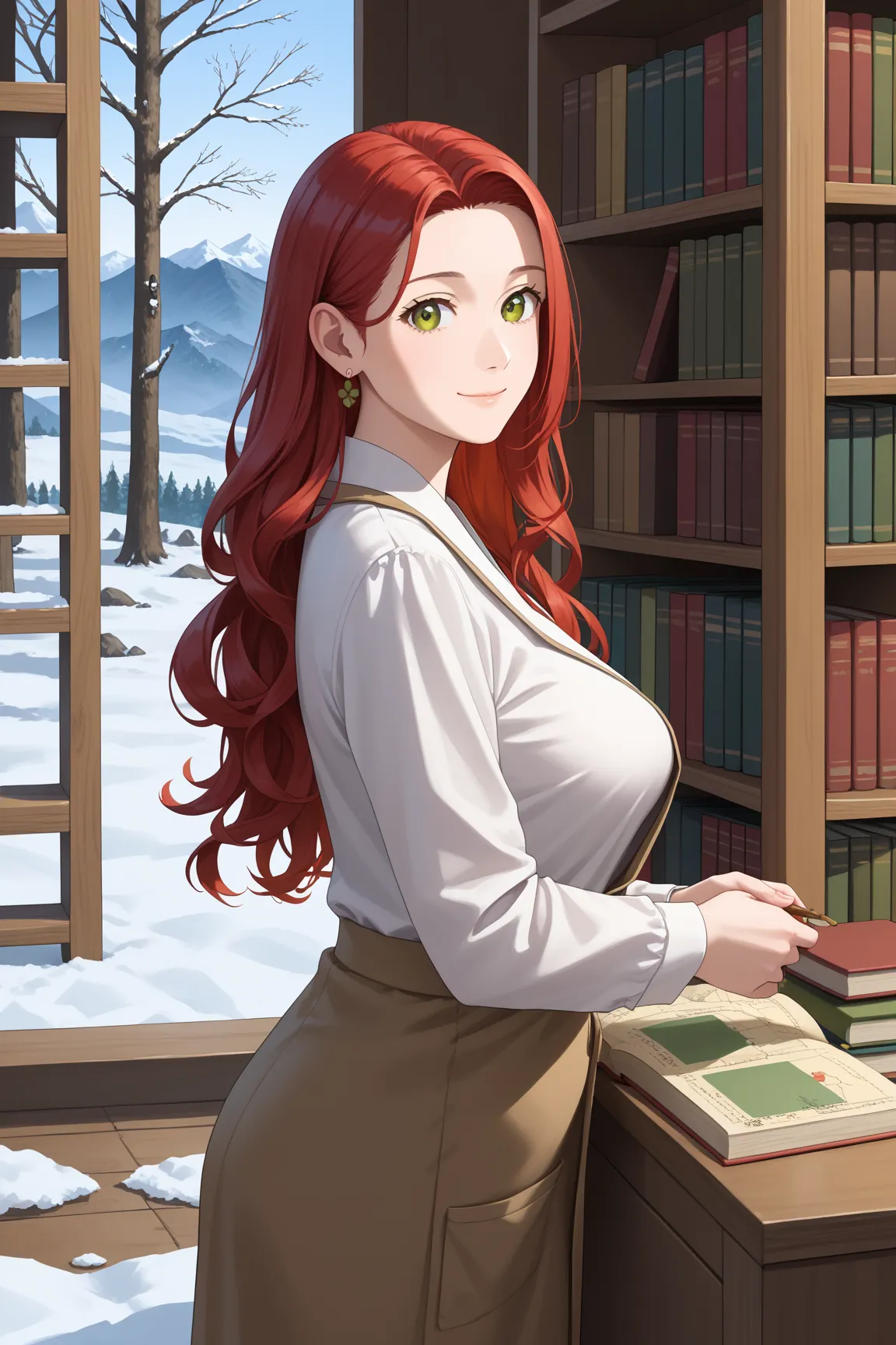 Anime Style, mujer adulta, 35 years old, emerald green eyes, long red hair with a simple hairstyle, Madura, with big breasts and beautiful smile,  measures 1.75 meters tall and wears a poncho with a Mexican culture design. It is located behind a wooden cou...