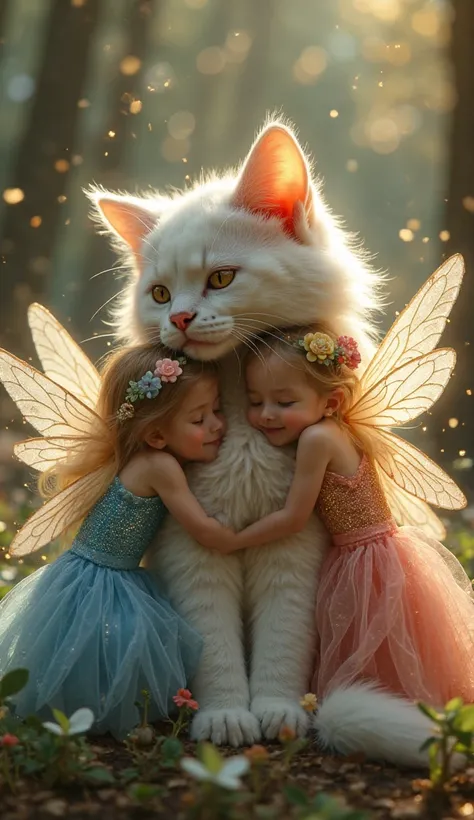 "A group of ethereal fairies with iridescent, translucent wings gently embrace a fluffy, serene cat in a mystical forest. The fairies, each adorned in shimmering gowns of pastel blues, pinks, and golds, radiate a soft, magical glow. Some rest on the cat’s ...