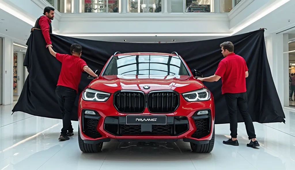 )captivating image of a [BMWx5 ]taking a center stage in a luxurious white showroom.
The futuristic, vibrant ( red )exterior gleams , showcasing it's sleek aerodynamic design and bold accents ,the words ( model ) a man and woman uneiling the car by pulling...