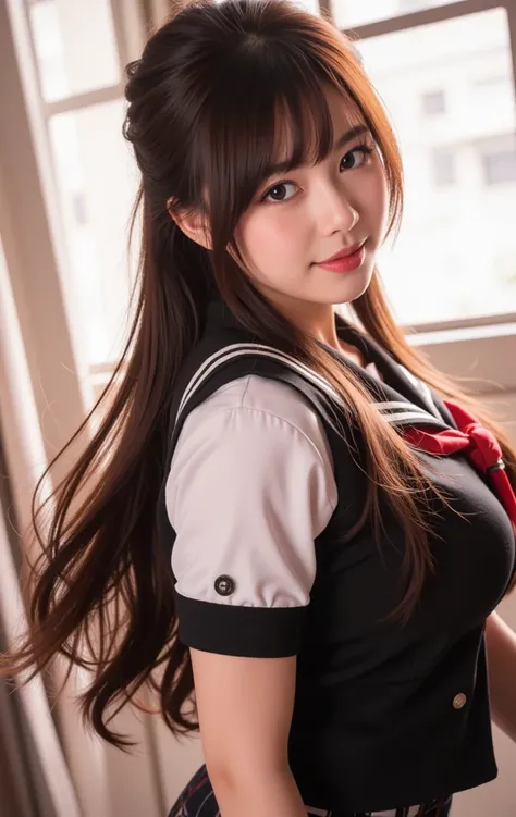 Thick bangs, ( school uniform:1.5), 8k, (Dynamic Angle), high quality, ( Japanese girl), 1 girl, detailed eyes, ( bangs hanging over eyes:1.1), random hair, plump lips, Looking here, Bewitching image , (big breasts), has narrow eyes, smile