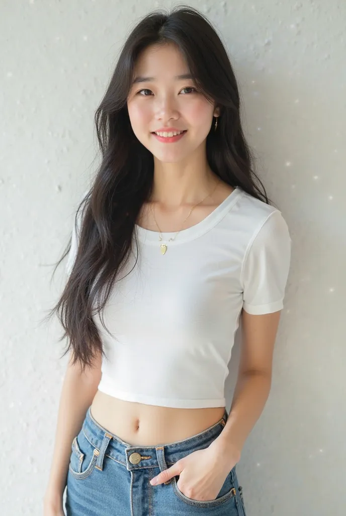 Korean girl wearing white belly tee and jeans