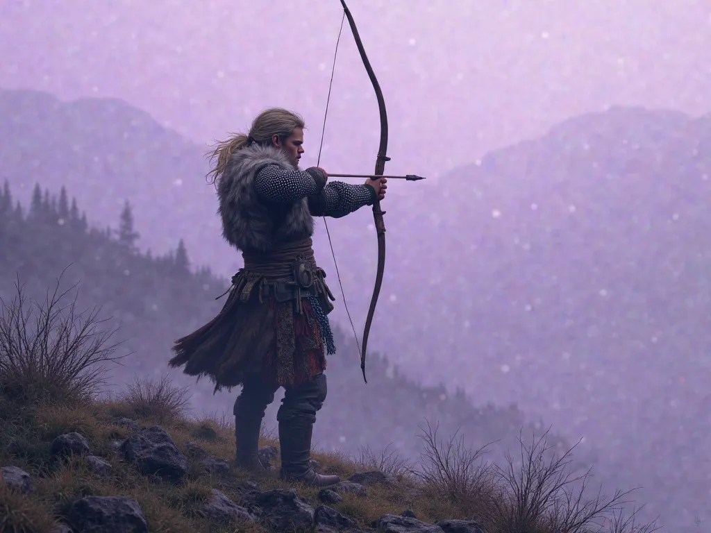 A 20-year-old Russian fair-haired warrior in chain mail and fur from 1240, standing on a hill with his back, pulls a small bow and arrow on a hill.  His face is focused , his eyes are squinted against the background of the hills, covered in purple mist, an...