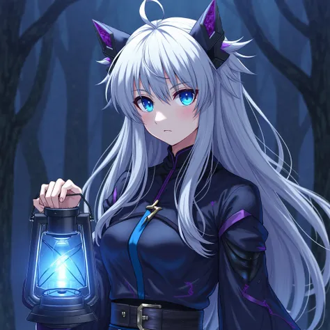 Anime girls with long silvery white hair dressed in dark costumes with blue and purple accents, Eyes Dark blue ,he holds a lantern with blue light,expressionless flat staring at camera , inspired by Okumura Togyu ,  trending on pixiv , shin hanga, Aramaki ...