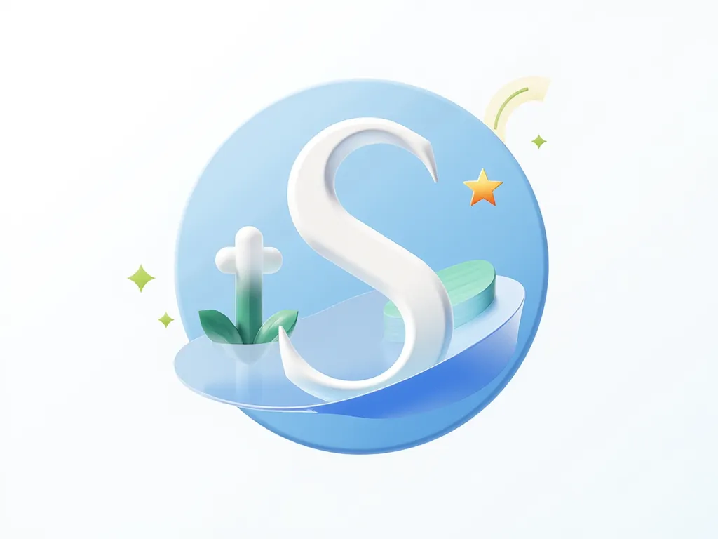 and a beautiful vector stylized badge，The background is a blue gradient circle，In the center is the letter S。has a soft blue band under the letter，with a gold star，and a flashing effect，to highlight the badge，white background