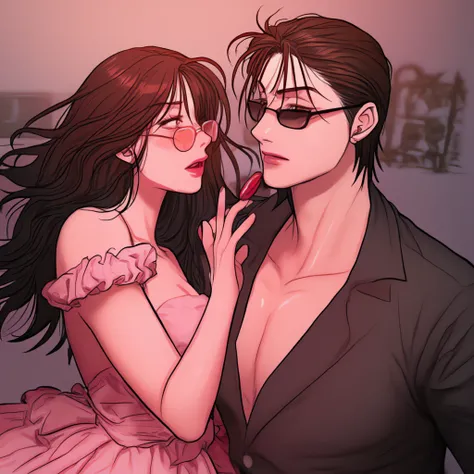 Woman, rangrarii artsyle, black medium hair with bangs, black eyes, wearing pink glasses, pink dress, no smile, sexy pose, full body, kiss man, black hair, black eyes, wearing black glasses, suit