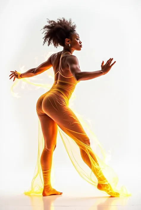 African dancer woman, multiple views, head-to-toe, white background, tight clothing , lit by fire, dancing, older, aggressive, strong, realistic, clothing made of clear plastic leotard, translucent , no shoes
