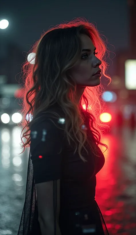 A double exposure of an elegant woman with wavy hair standing on the street, a glowing outline in red and white that forms her silhouette. In front of it is blurred city lights at night, creating a mysterious atmosphere. The background features a dark colo...