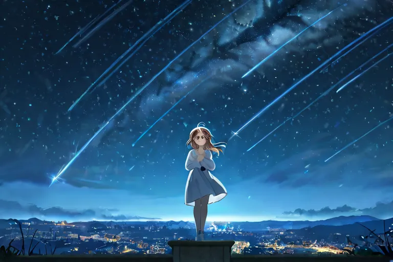 starry sky, Meteor Shower, Beautiful night view of the city, The girl who starts running