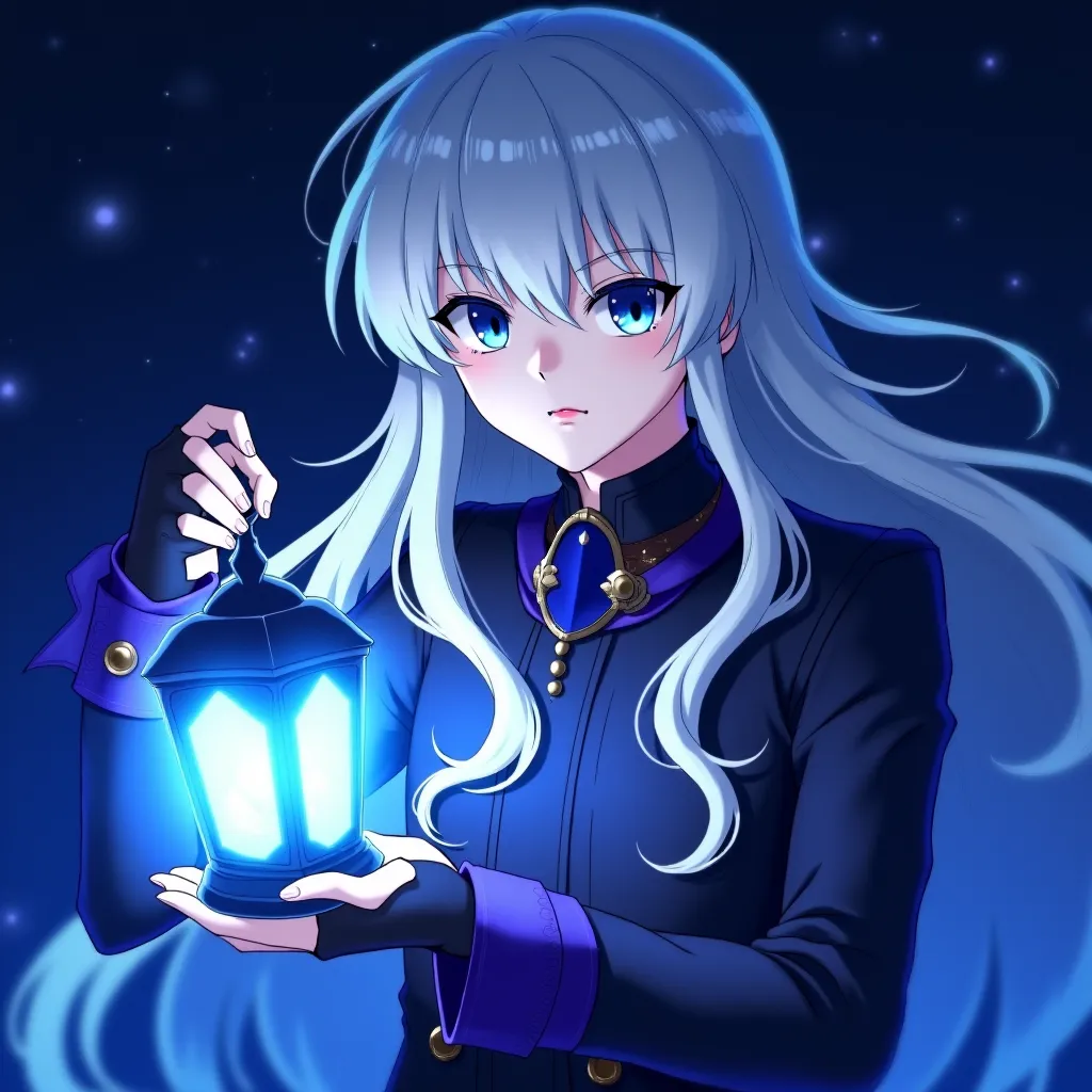 Anime girls with long silvery white hair dressed in dark costumes with blue and purple accents, Eyes Dark blue ,he holds a lantern with blue light,expressionless flat staring at camera , inspired by Okumura Togyu ,  trending on pixiv , shin hanga, Aramaki ...