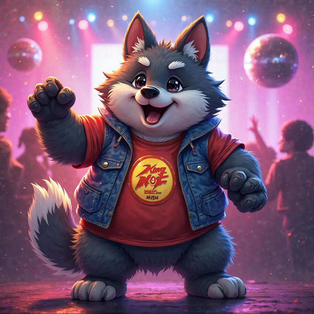 Cute fat wolf wearing a shirt emblazoned with KOF is being a disco jockie 