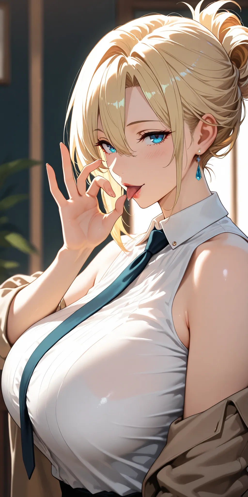 Masterpiece, very aesthetic, vibrant, high contrast, high resolution, ultra detailed, elegant mature woman, curvaceous, blonde hair, hair between eyes, swept hair, updo hair, blue eyes, upper body, tie, sleeveless collared shirt, off shoulder jacket, fella...