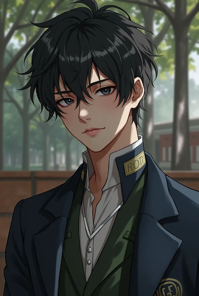 An 18-year-old young man in a dark green ROTC uniform, well-fitted and neat, exuding a composed and disciplined aura. His slightly tousled black hair falls naturally, complementing his sharp, cold gaze that holds a mysterious charm. The background is fille...