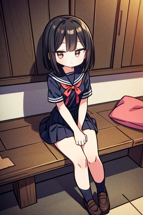 ((Best masterpiece, Perfect quality, Ultra detailed)), A skinny girl with small breasts, With black hair, Wearing a school uniform, A dress shirt and a pleated skirt, Sitting in the basement, Covered with the darkness, Full body