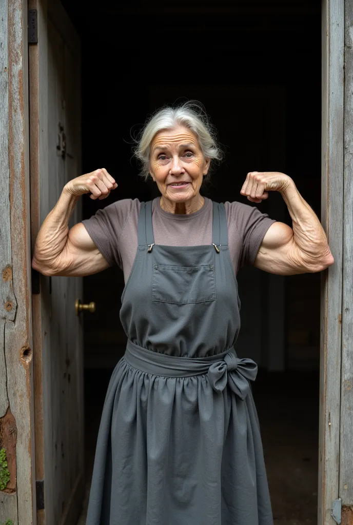 old amish boxer grandma is standing in the doorway. I was shocked by her biceps. she is wearing short sleeve clothes.  realistic photo